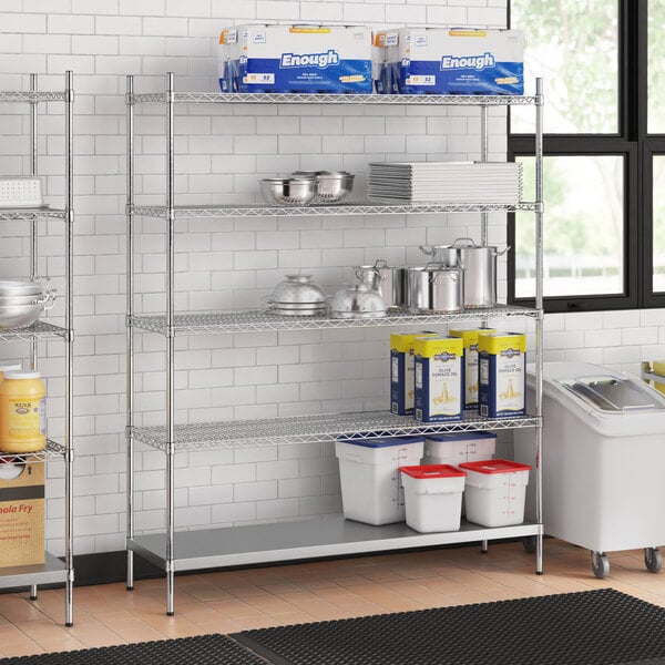 A stainless steel wire shelf kit with solid stainless steel shelves.