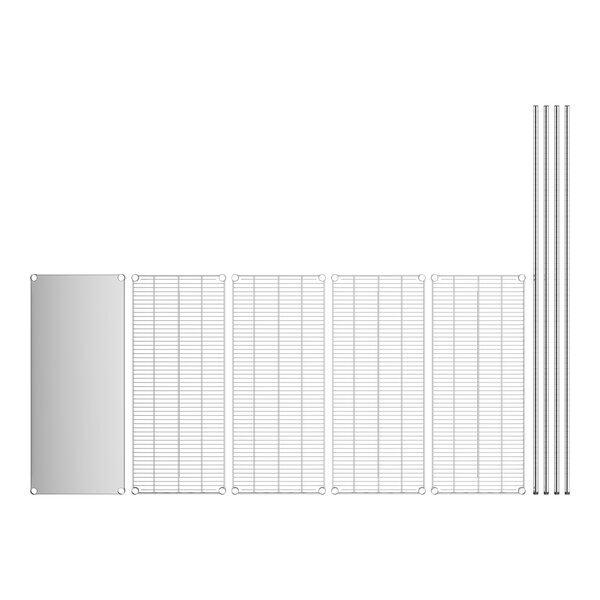 A white rectangular stainless steel grid shelf with a long stainless steel pole.