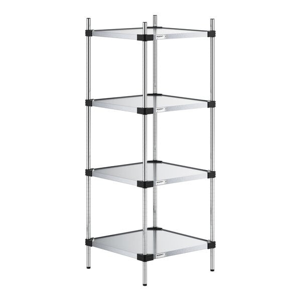 A four-tier metal shelving unit with solid square shelves and vertical support posts.