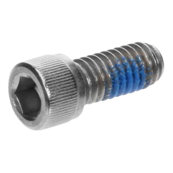 A close-up of a Scotsman screw with blue threads.