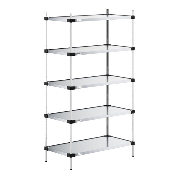 A five-tier shelving unit with solid metal shelves and four vertical support posts.