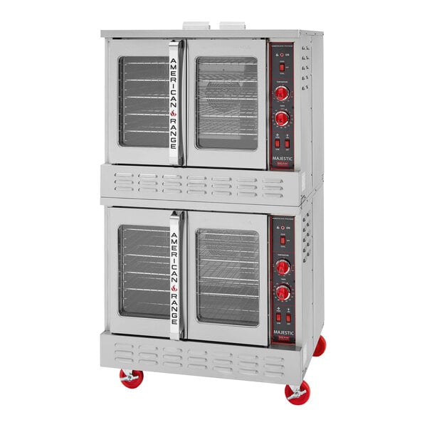 An American Range Majestic double deck liquid propane convection oven on wheels with one door open.