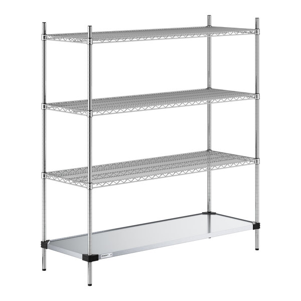 A four-tier metal shelving unit with three wire shelves and one solid bottom shelf, supported by four vertical posts.