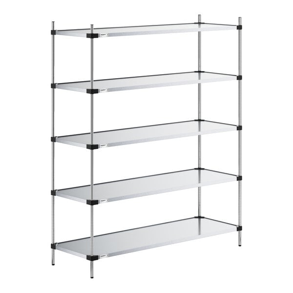 A five-tier metal shelving unit with solid shelves and four vertical posts.