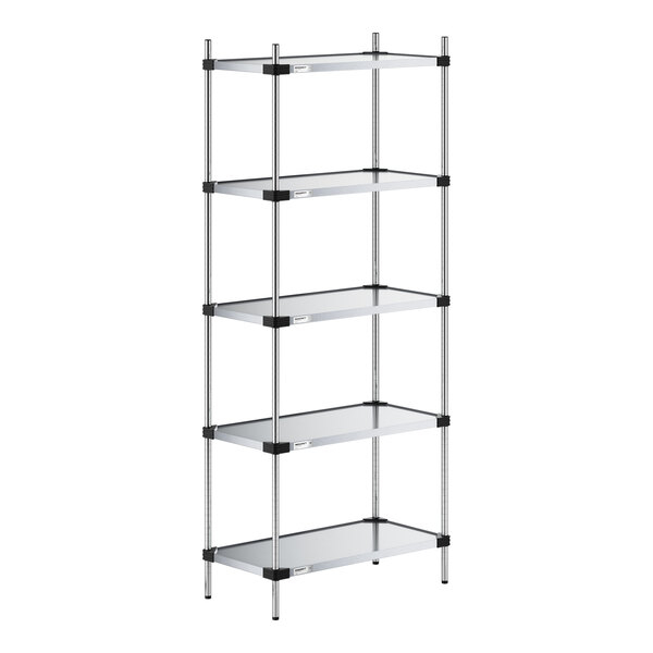 A five-tier shelving unit with solid metal shelves and four vertical support posts.