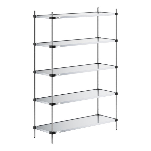 A five-tier metal shelving unit with solid shelves and vertical support posts.