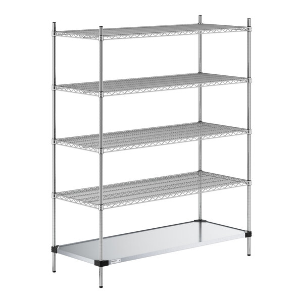 Regency 24" x 60" NSF Chrome Wire 5-Shelf Kit with Solid Galvanized Steel Bottom Shelf and 74" Posts