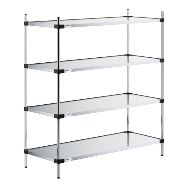 A four-tier metal shelving unit with solid shelves and vertical posts, designed for storage.