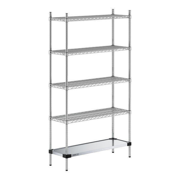 A Regency chrome wire shelving unit with four shelves and a solid metal bottom shelf.