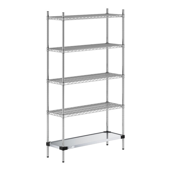 Regency 14" x 42" NSF Chrome Wire 5-Shelf Kit with Solid Galvanized Steel Bottom Shelf and 74" Posts