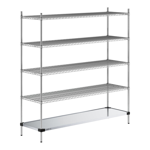 A Regency chrome wire shelving unit with four shelves and a solid metal bottom shelf.
