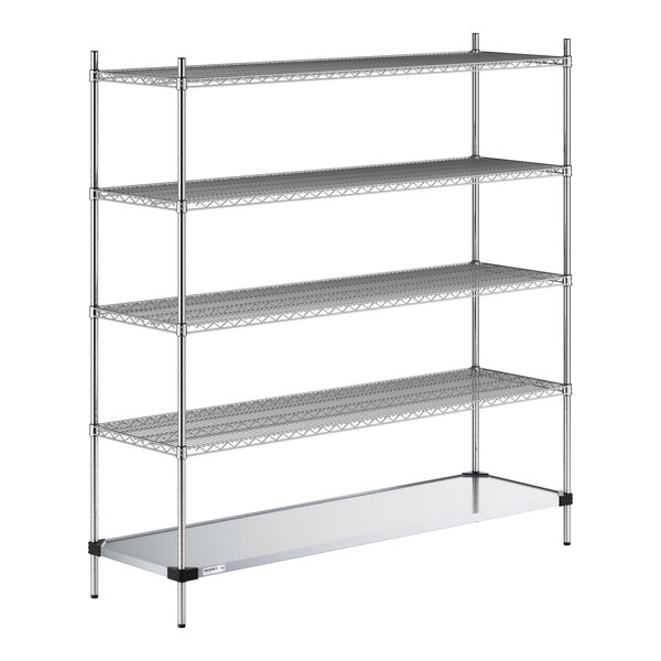 A five-tier metal shelving unit with four wire shelves and one solid bottom shelf, supported by four vertical posts.