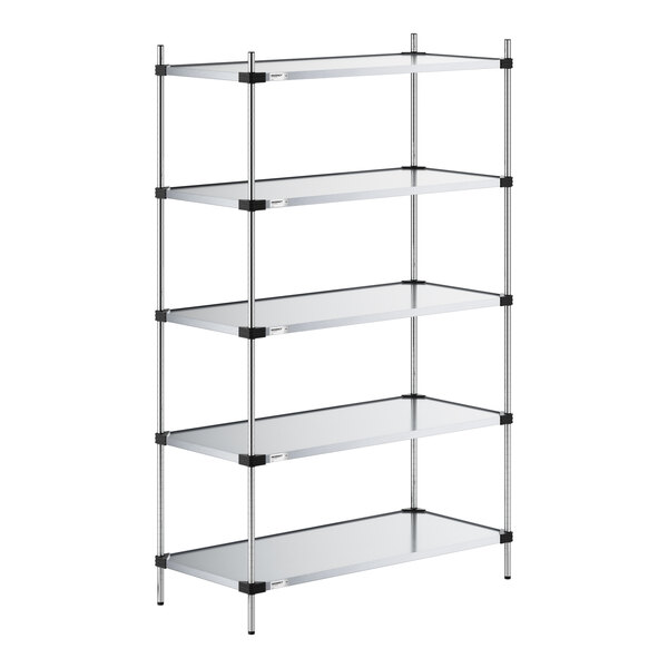 A five-tier shelving unit with solid metal shelves and four vertical support posts.