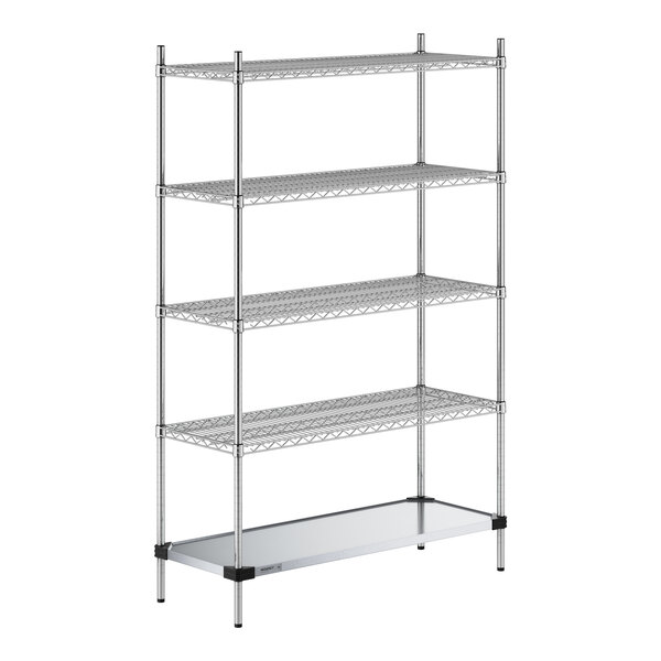 A Regency chrome wire shelving unit with 4 shelves and a solid metal bottom shelf.