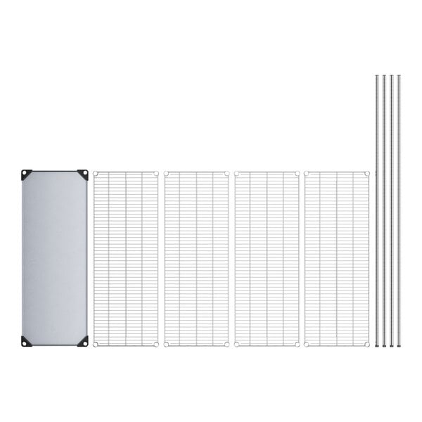 A white rectangular wire shelving unit with metal grids and a solid metal shelf.
