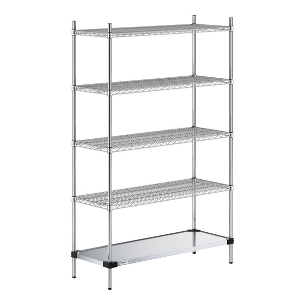Regency 18" x 48" NSF Chrome Wire 5-Shelf Kit with Solid Galvanized Steel Bottom Shelf and 74" Posts