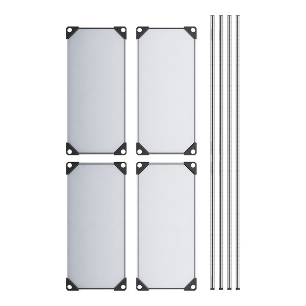 A white rectangular wire shelving unit with black metal bars.