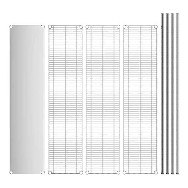 A stainless steel wire shelf kit with several metal rods and a rectangular solid stainless steel bottom.