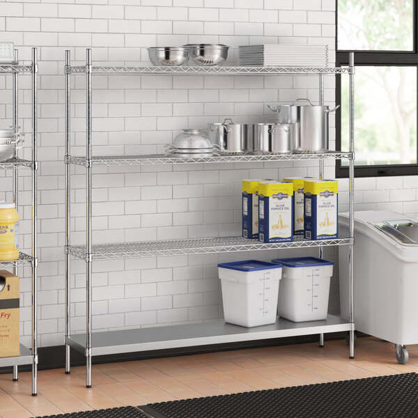 A stainless steel wire shelf kit with white plastic containers on the bottom shelf.