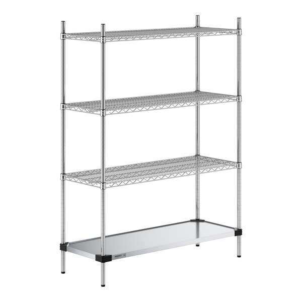 A Regency chrome wire shelving unit with a solid metal shelf.