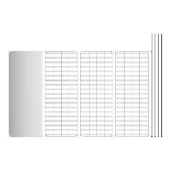 A white rectangular stainless steel wire shelf kit with metal rods.