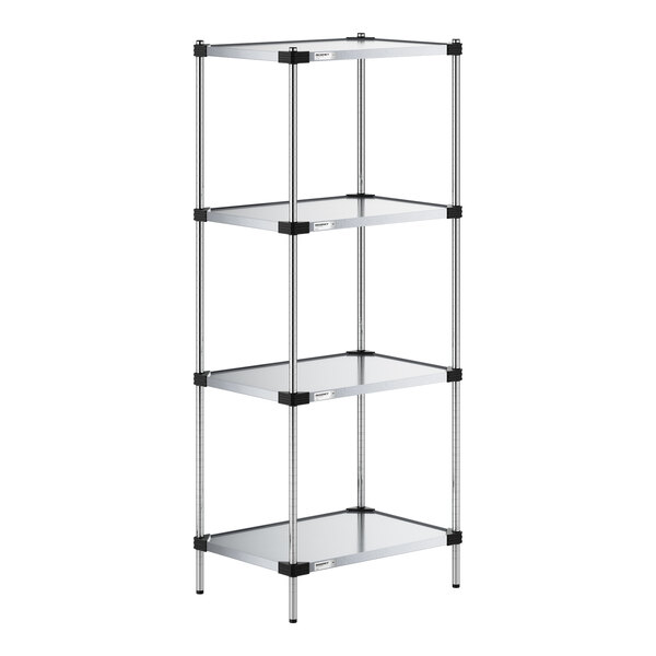 A four-tier metal shelving unit with solid shelves and vertical posts, shown against a white background.