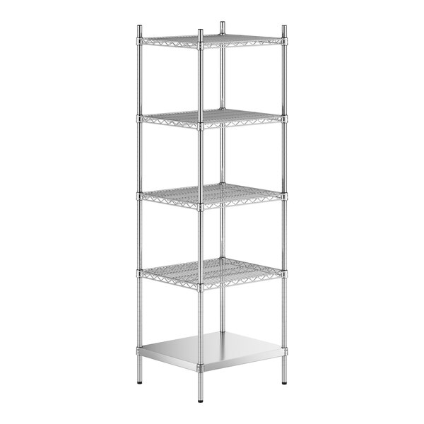 A stainless steel wire shelf kit with five shelves and solid bottom.