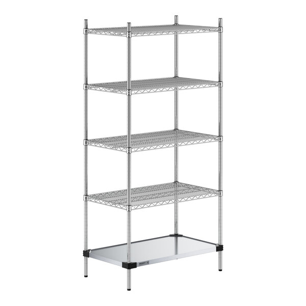 A Regency chrome wire shelving unit with four shelves and a solid metal bottom shelf.