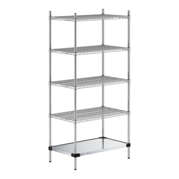A five-tier metal shelving unit with four wire shelves and one solid bottom shelf, supported by four vertical posts.