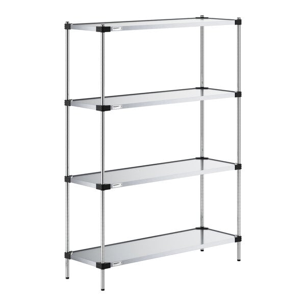 A four-tier metal shelving unit with solid shelves and vertical support posts.