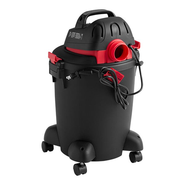 A black and red Shop-Vac wet/dry vacuum with wheels.