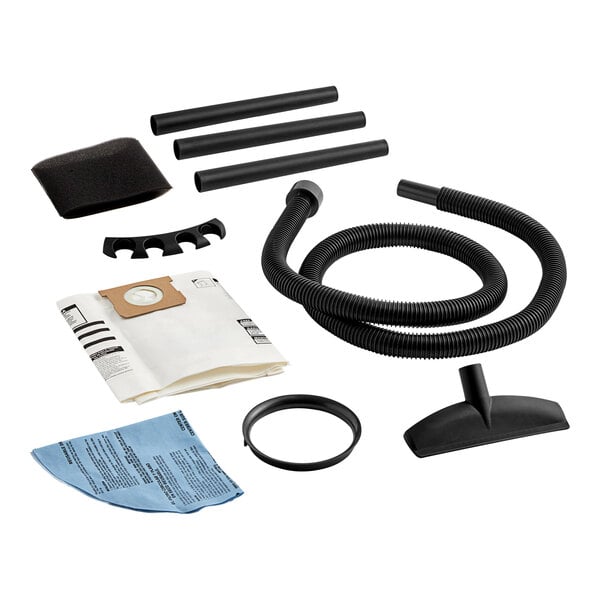 A Shop-Vac wet/dry vacuum kit with hose and accessories.