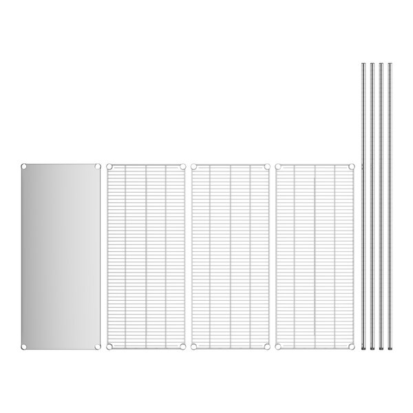 A stainless steel wire shelf kit with four shelves and metal posts.