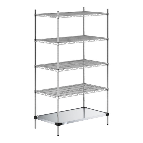 A five-tier metal shelving unit with four wire shelves and one solid bottom shelf, supported by four vertical posts.