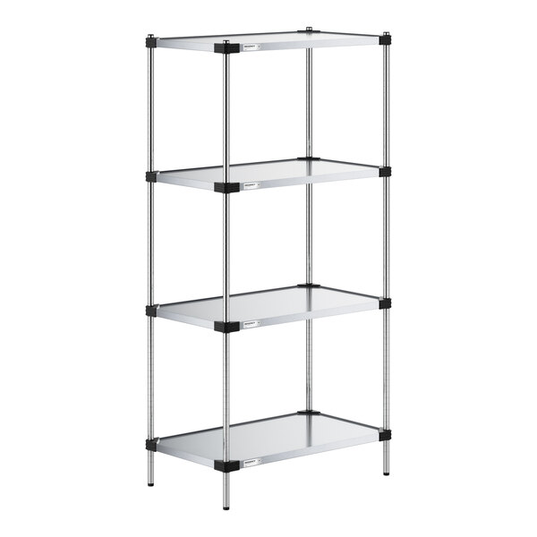 A four-tier shelving unit with solid metal shelves and vertical support posts.