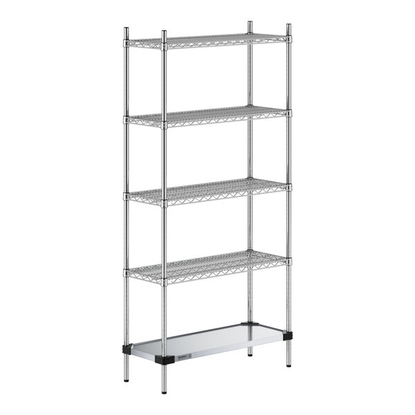 A Regency chrome wire shelving unit with four shelves, including a solid metal shelf.
