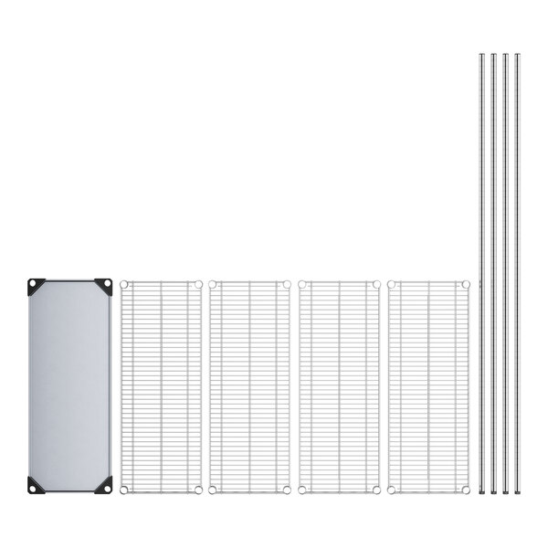 A row of white metal shelves with metal bars and wire mesh on the bottom shelf.