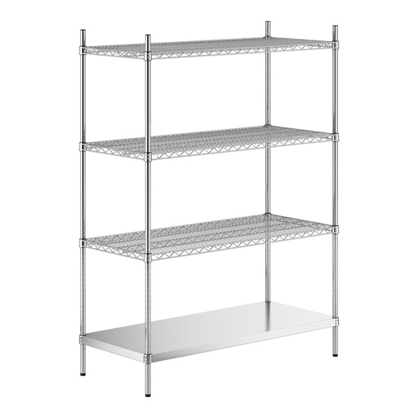 A stainless steel shelving unit with 4 shelves.