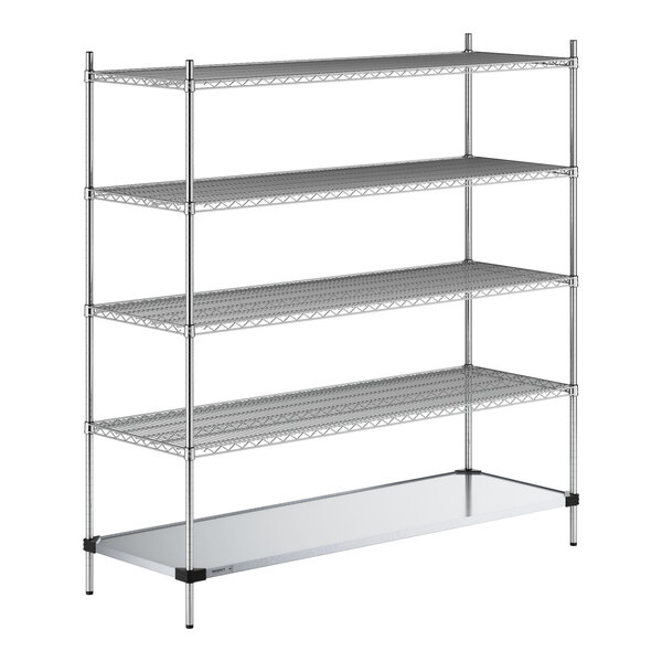 A Regency chrome wire shelving unit with four shelves and a solid metal bottom shelf.