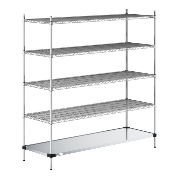 Regency 24" x 72" NSF Chrome Wire 5-Shelf Kit with Solid Galvanized Steel Bottom Shelf and 74" Posts