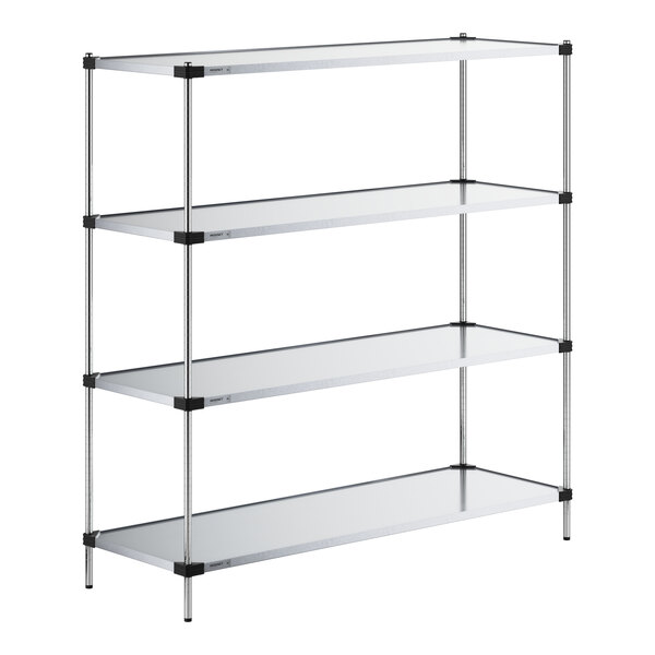 A four-shelf galvanized steel shelving unit with solid shelves and metal posts.