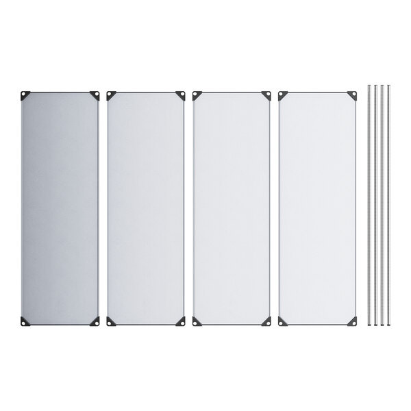 A four-shelf galvanized steel shelving kit with four vertical posts.