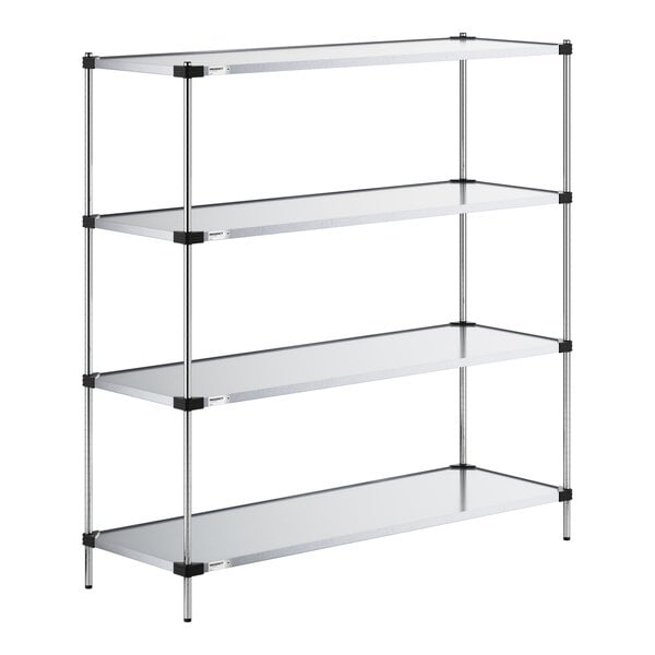 A four-tier metal shelving unit with solid shelves and vertical posts, featuring a simple and industrial design.