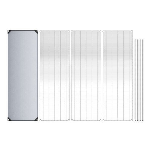 A white rectangular wire shelf with metal grids and rods.