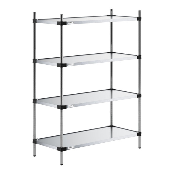A four-tier metal shelving unit with solid shelves and vertical posts, designed for storage.