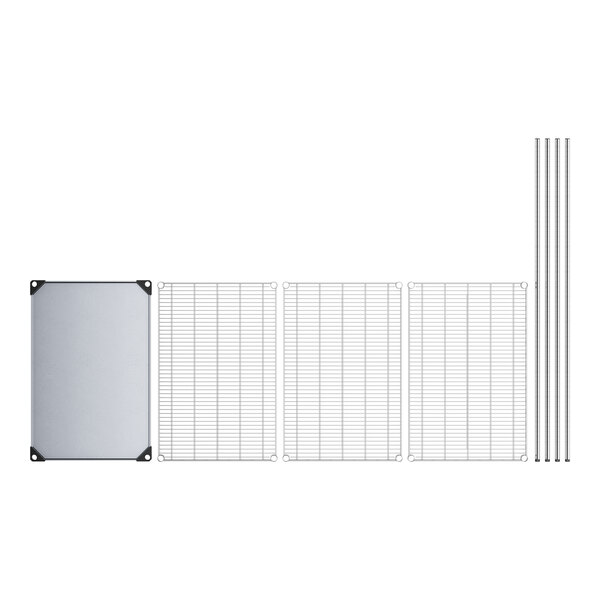 A white rectangular wire shelving unit with metal bars and a solid metal bottom shelf.