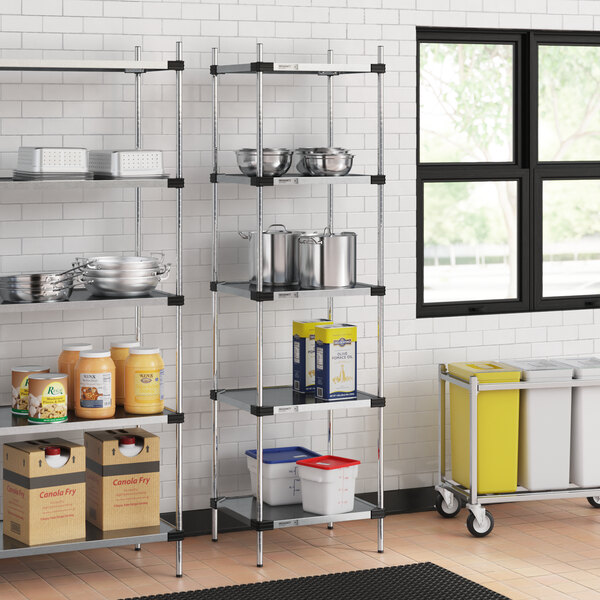 Regency NSF galvanized steel shelving in a kitchen with white and blue plastic containers.