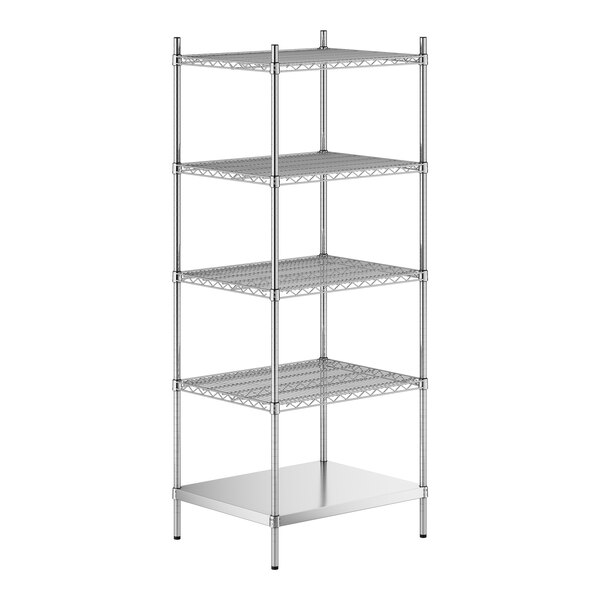 A stainless steel wire shelf unit with five shelves.
