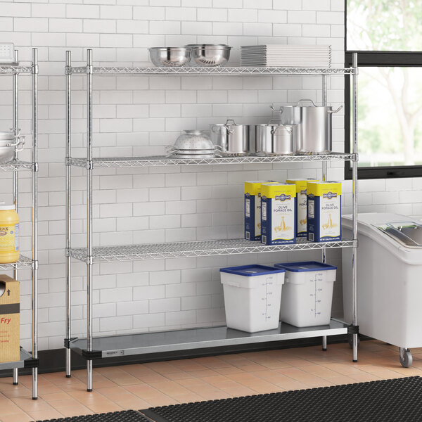 A Regency chrome wire shelving unit in a kitchen with containers on the bottom shelf.