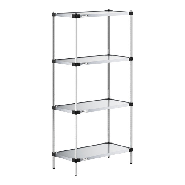 A four-tier metal shelving unit with solid shelves and vertical posts, shown against a white background.